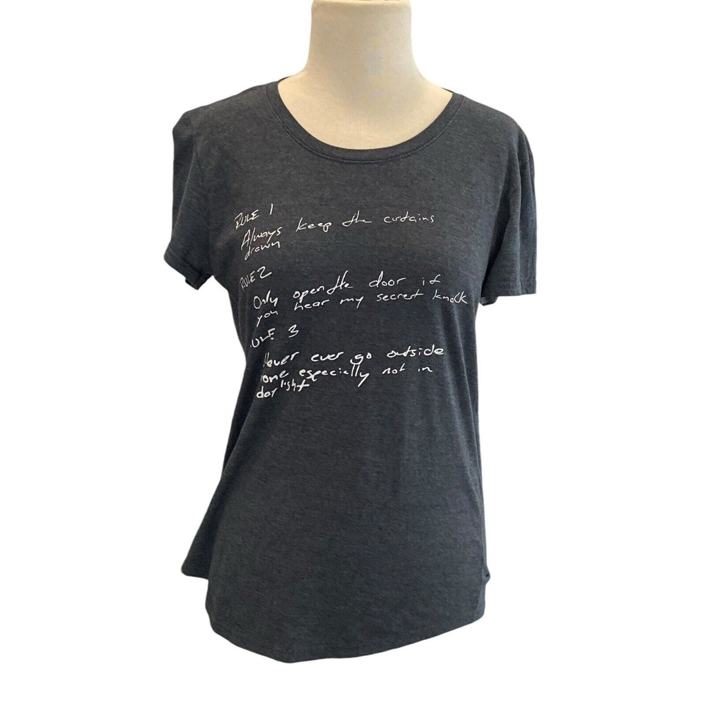 Stranger Things T-Shirt Women Size M Gray Rules Script Short Sleeve Round Neck