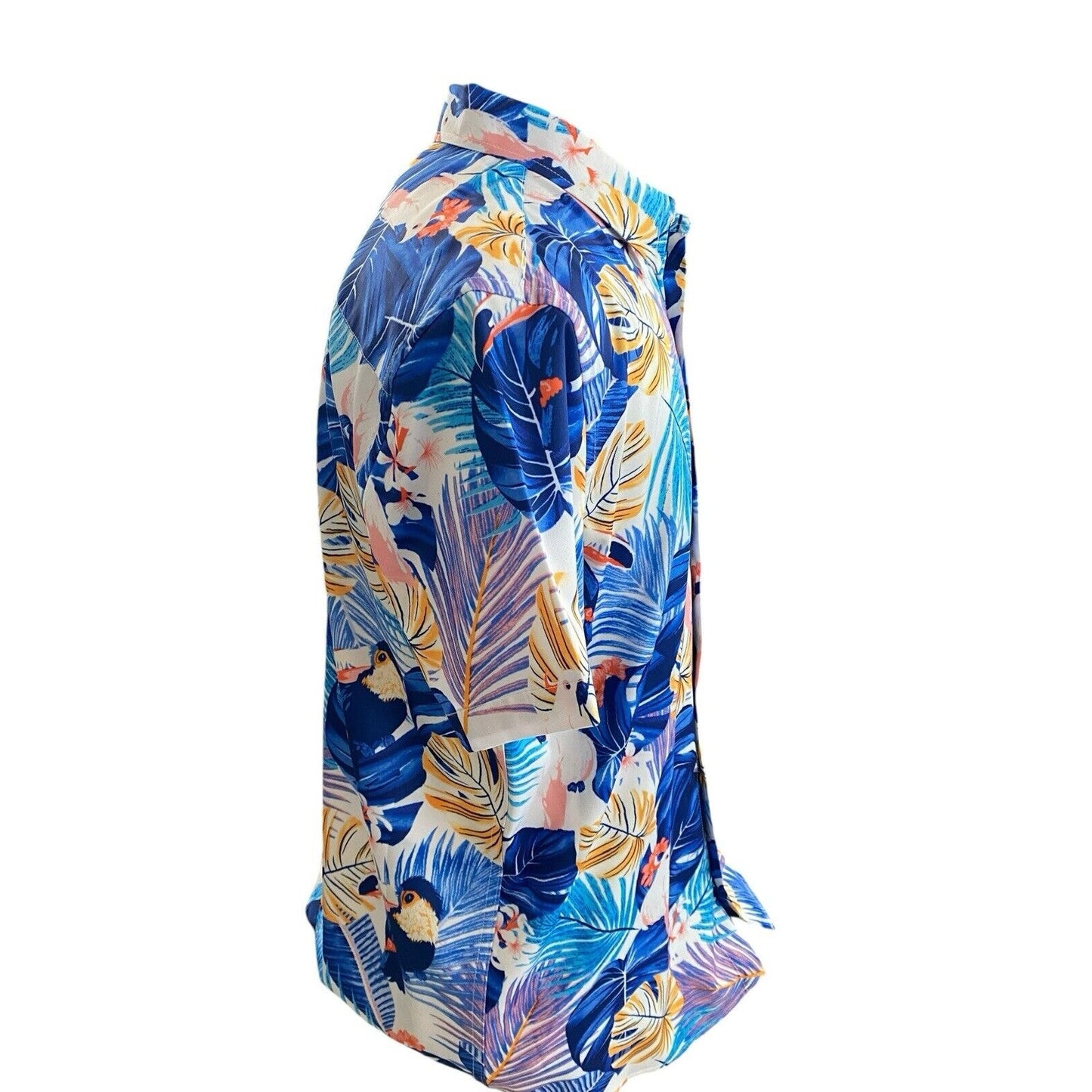 Large Suslo Couture Blue White Palm Toucan Button Down Hawaiian Shirt