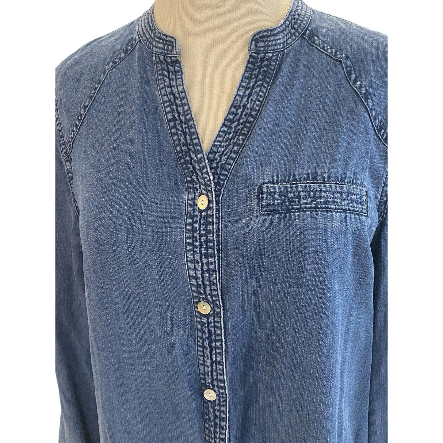 Size Small Soft Surroundings Denim Button Down Tunic Sleeve Lyocell Shirt