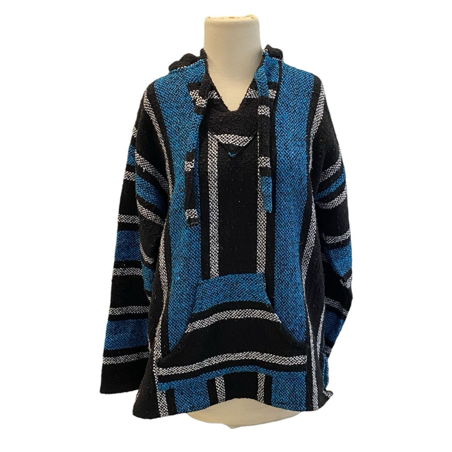 Size L Baja Hippie Poncho Pullover Hoodie Mexican Drug Rug Black Gray Striped