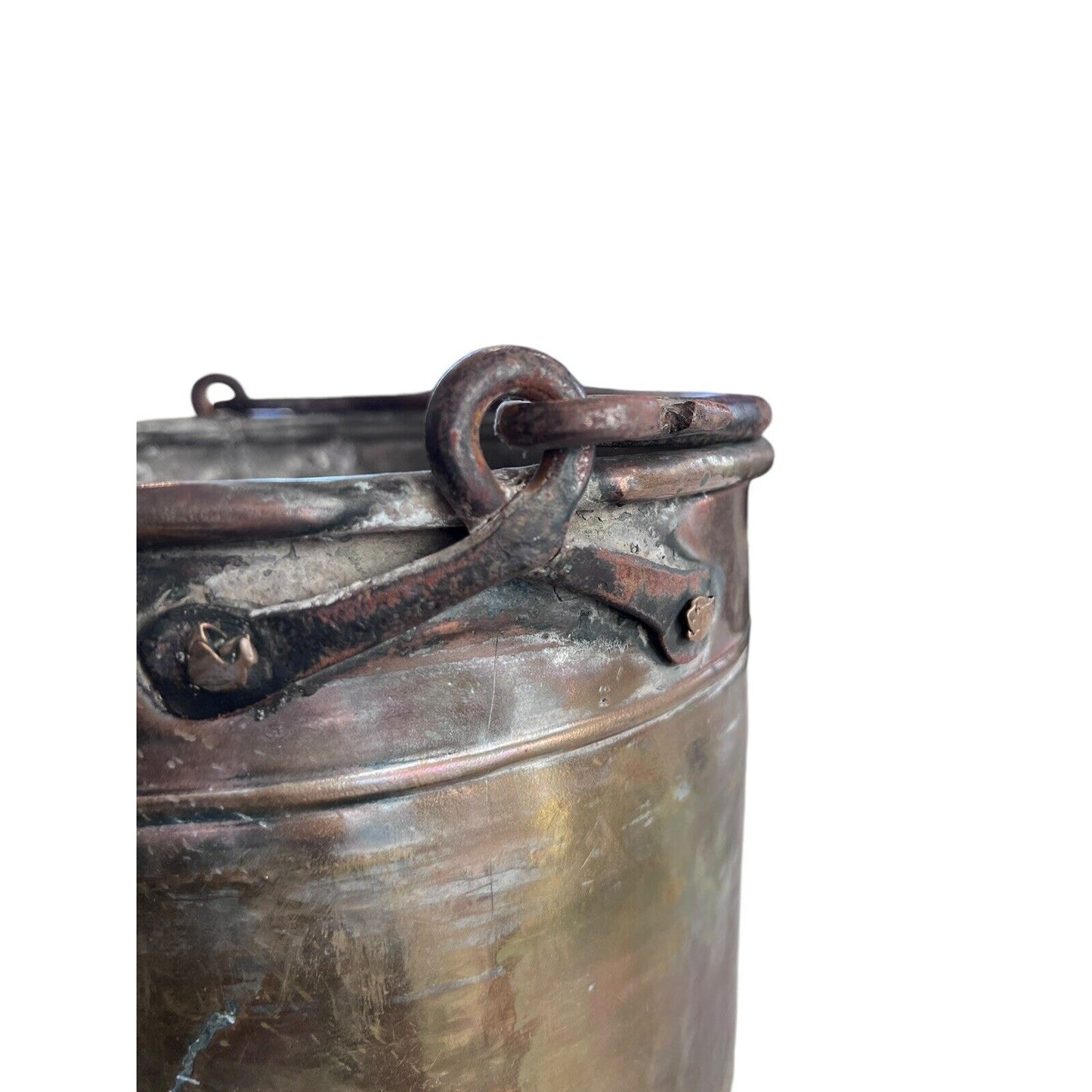 Primitive Copper Mixed Metal Hanging Pot Iron Handle Nice Gold Tone Design Trim