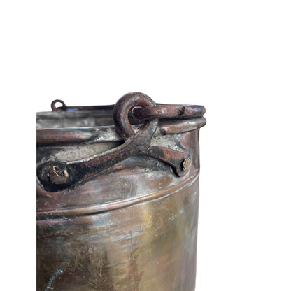 Primitive Copper Mixed Metal Hanging Pot Iron Handle Nice Gold Tone Design Trim