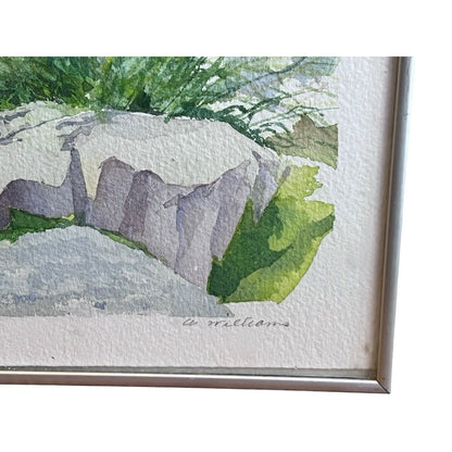 Signed Original Watercolor Painting Framed Zen Landscape Garden Rock Flowers