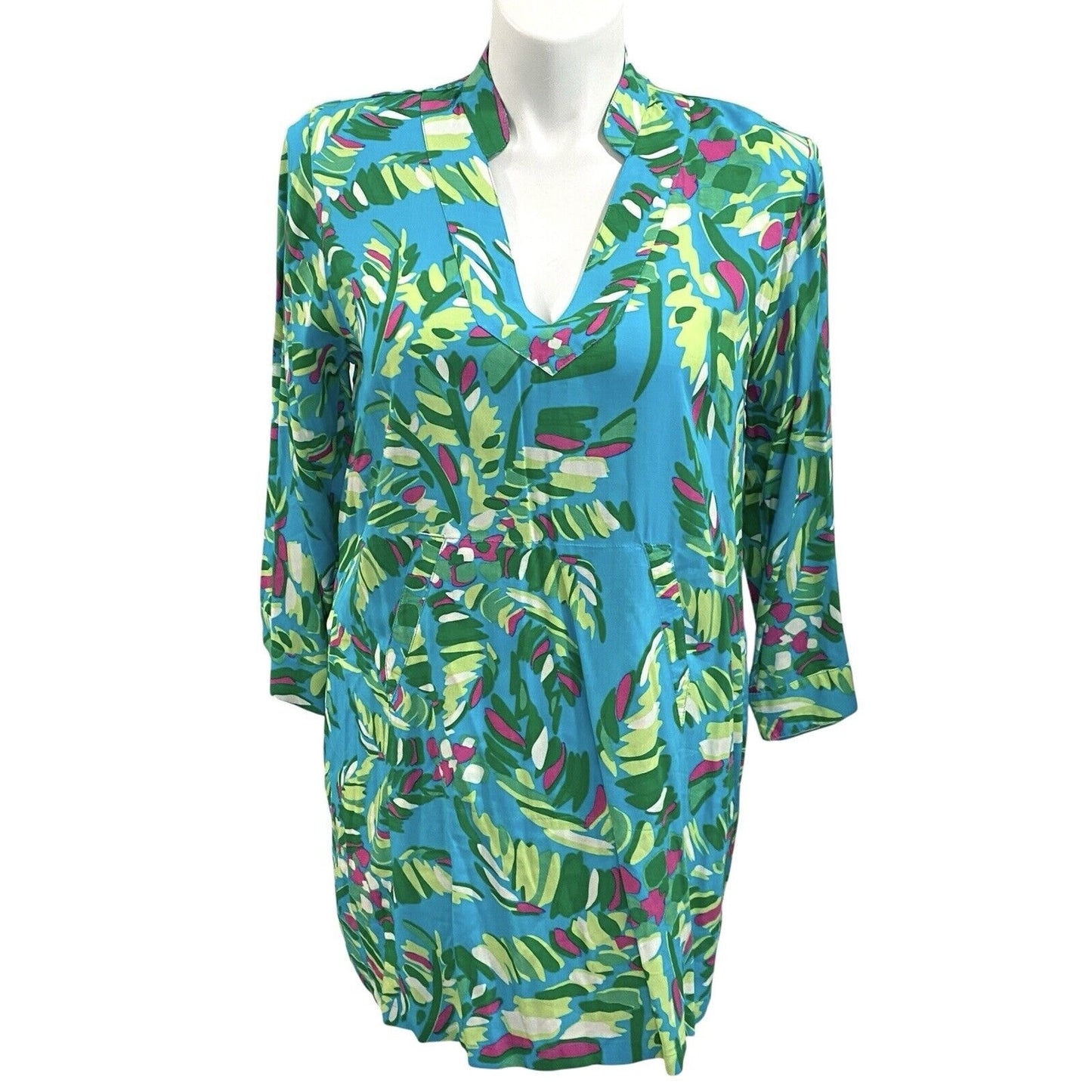 Escapada Living Tory Large Tunic Cover Up Top Aqua Blue Green Palm Tree NWT