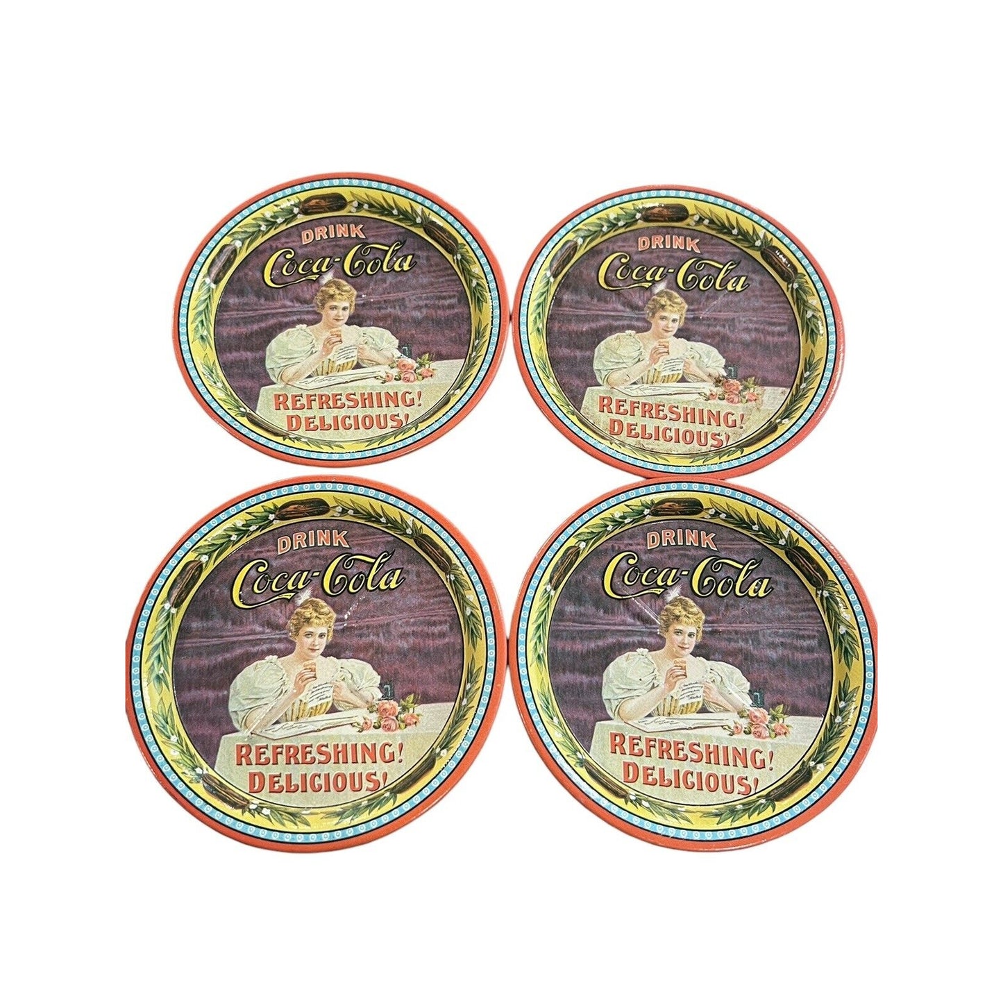 1976 Coca-Cola 75th Anniversary Metal Commemorative Coaster Set Of 4