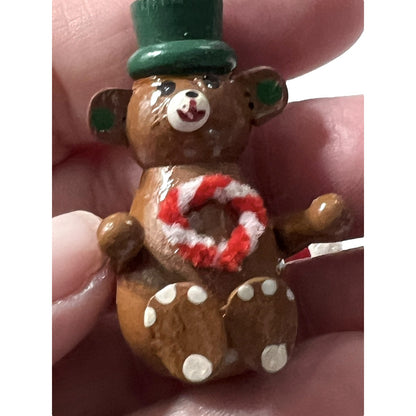 2 Vintage Hand Painted Wooden Christmas Ornaments Small Retro Bear Stocking