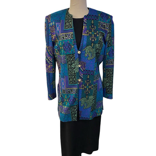 Vintage Caron Size 6 Green 2 Piece Tapestry Jacket and Maxi Dress 80’s Grannycor