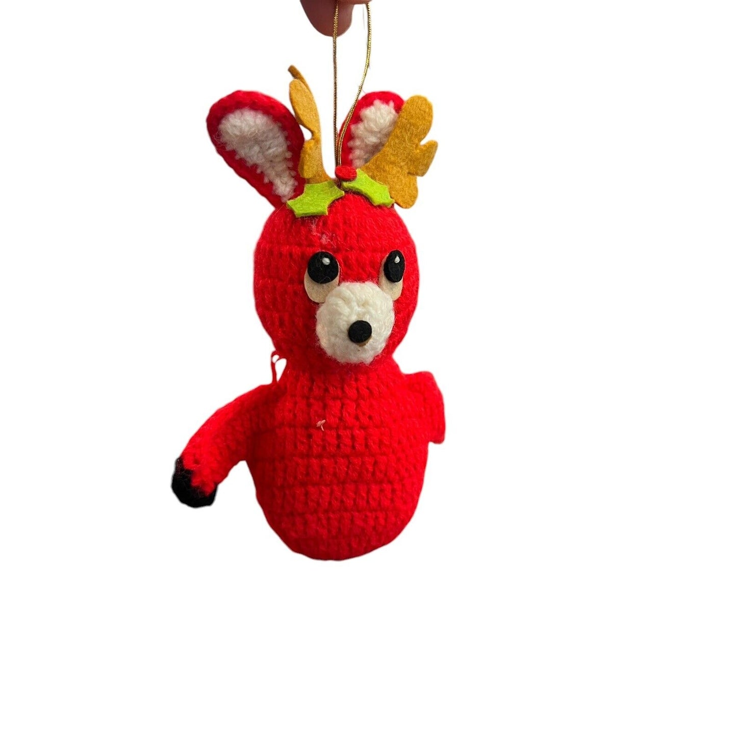 Crochet Handmade Reindeer Christmas Tree Ornament Kitschy Vintage 6”