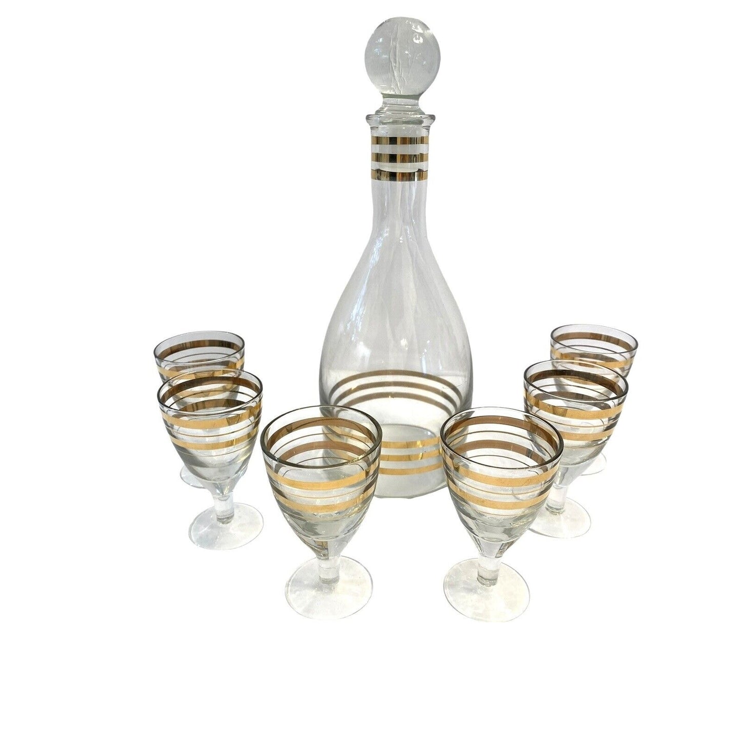 MCM Clear Glass Decanter 6 Glasses Gold Accent Dapper Debonair Classic Bar Set