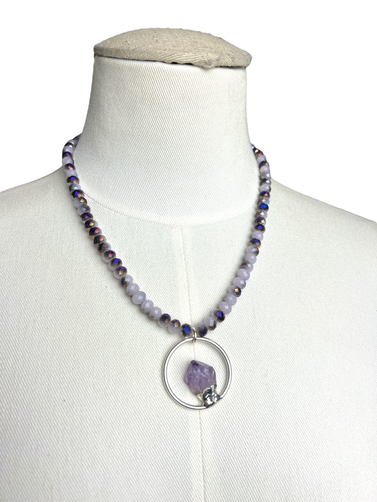 Purple Quartz Silvertone Beaded Pendant Necklace 40"