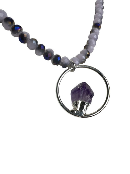 Purple Quartz Silvertone Beaded Pendant Necklace 40"