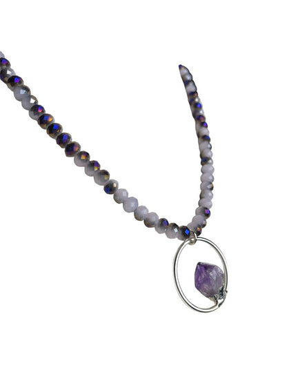 Purple Quartz Silvertone Beaded Pendant Necklace 40"