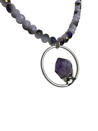 Purple Quartz Silvertone Beaded Pendant Necklace 40"