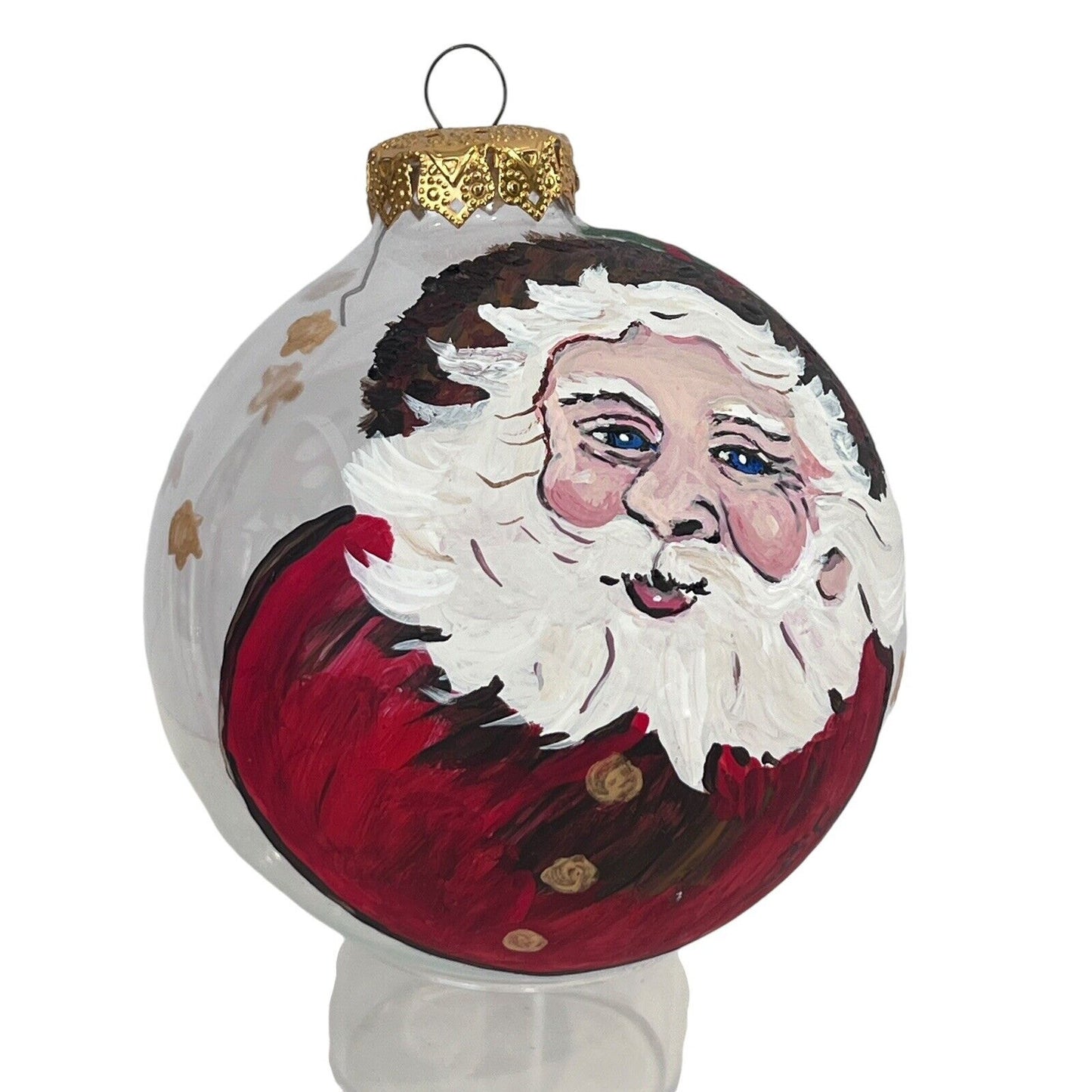 Santa Claus Ornament Christmas Holiday Clear Glass Handpainted Large Ball Signed