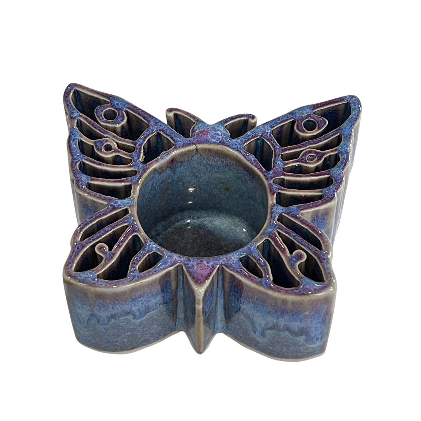 Bay Pottery Votive Butterfly Candle Holder Glazed Blue Purple USA Tea light