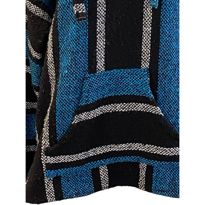 Size L Baja Hippie Poncho Pullover Hoodie Mexican Drug Rug Black Gray Striped