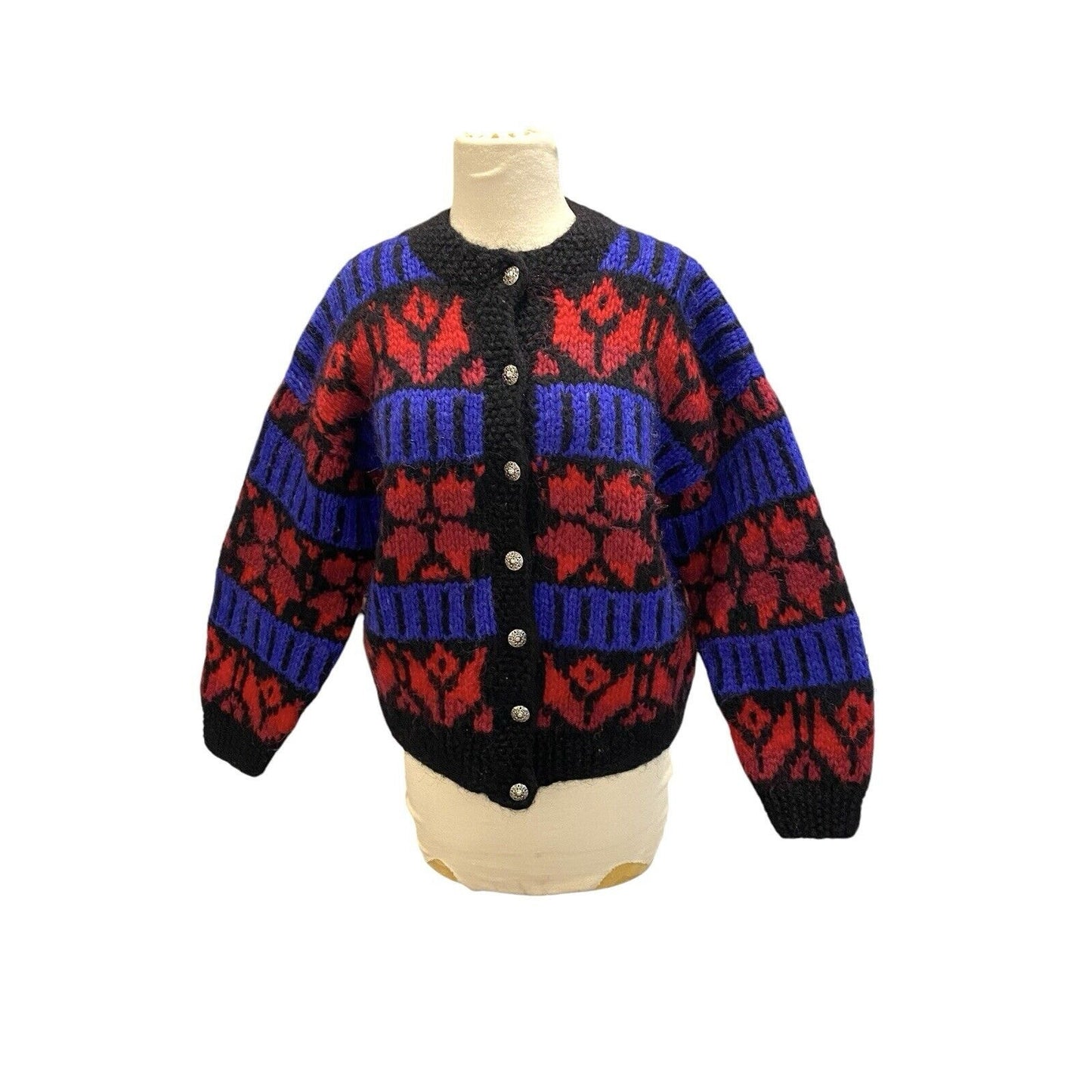 Icelandic Designs Wool Button Sweater Jacket Size Small Nordic Red Blue Back