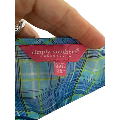 Size XXL Simply Southern Plaid Sleeveless Peplum Shirt Blue Green Cotton NWT