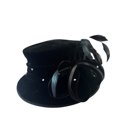 Swan Hat New York Ladies Black Velvet Rhinestone Bow Feathers Costume Regency