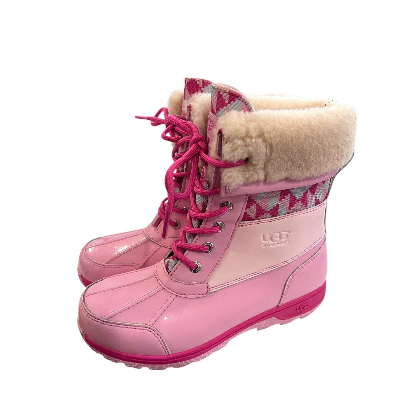 Size 5 Ugg Butte Mono Womens Lace Up Fur Lined Mid Calf Boot Pink EUC