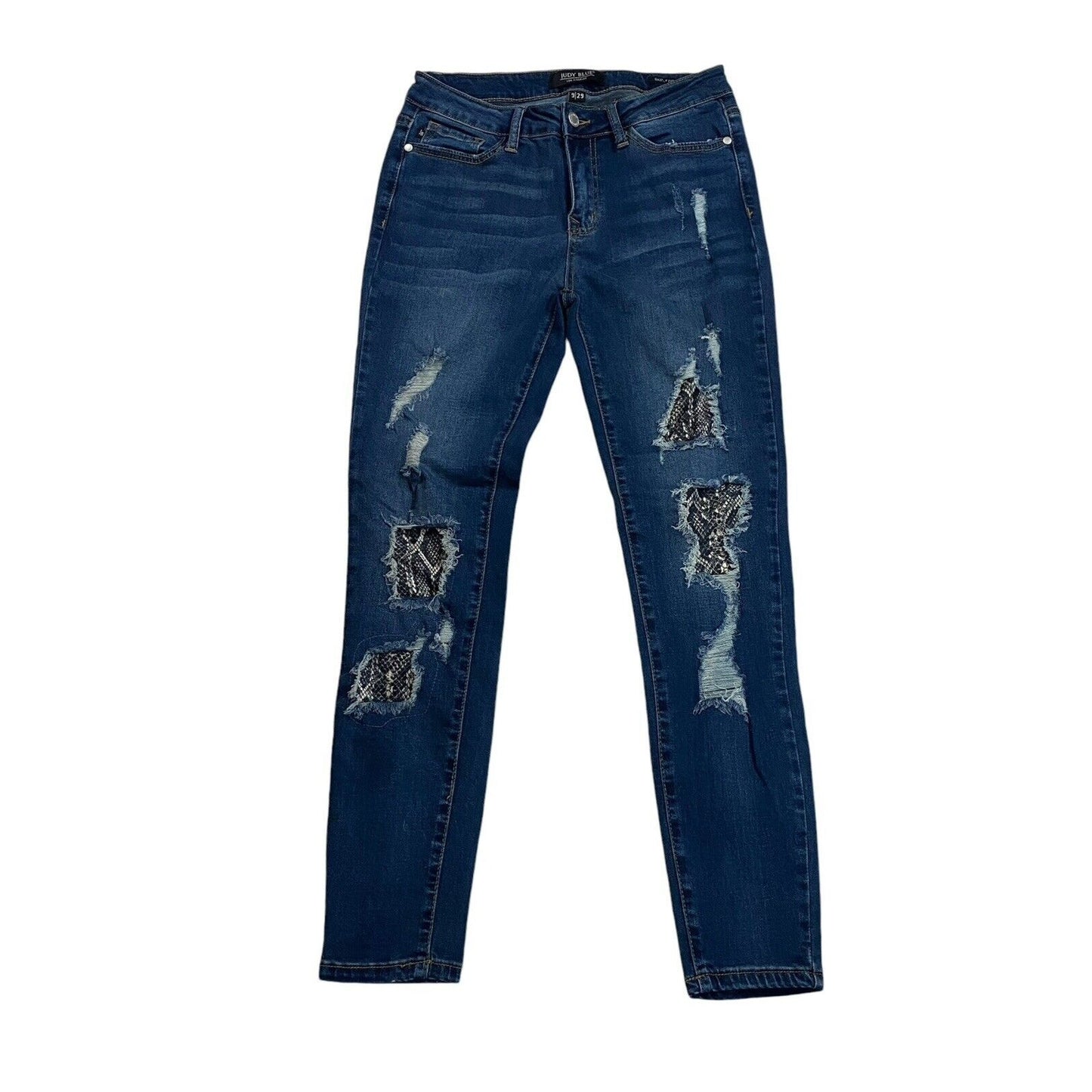 Size 9/29 Judy Blue Jeans Womens Medium Wash Distressed Patch Snake Skinny Fit