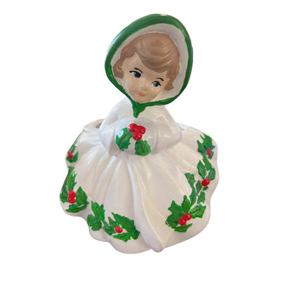 Vintage HOLLY GIRL Christmas Figurine Vase Large Planter 7x6x5 Handpainted