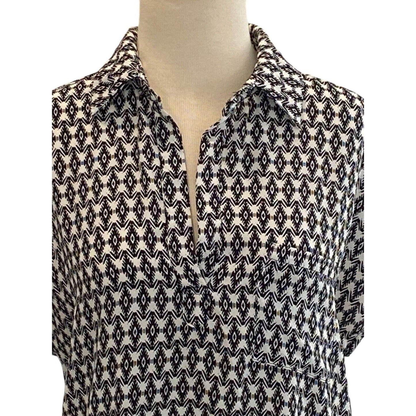 Small Pleione Women's Cap Sleeve Black White Button Up Blouse Slightly Sheer