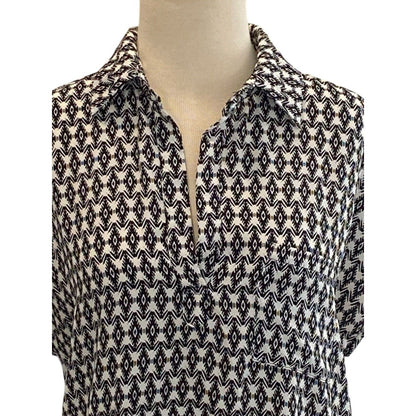 Small Pleione Women's Cap Sleeve Black White Button Up Blouse Slightly Sheer