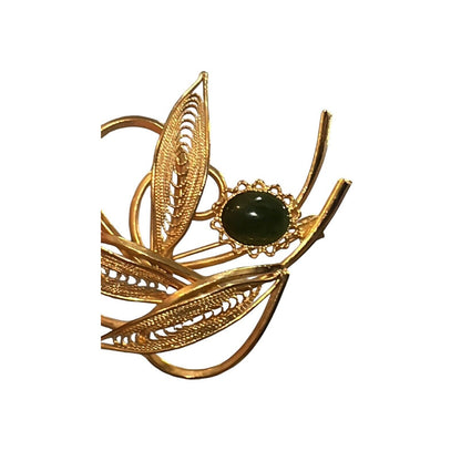Vintage Nephrite Jade Cabochons Brooch Pin Gold Tone Filigree Leaves Beautiful