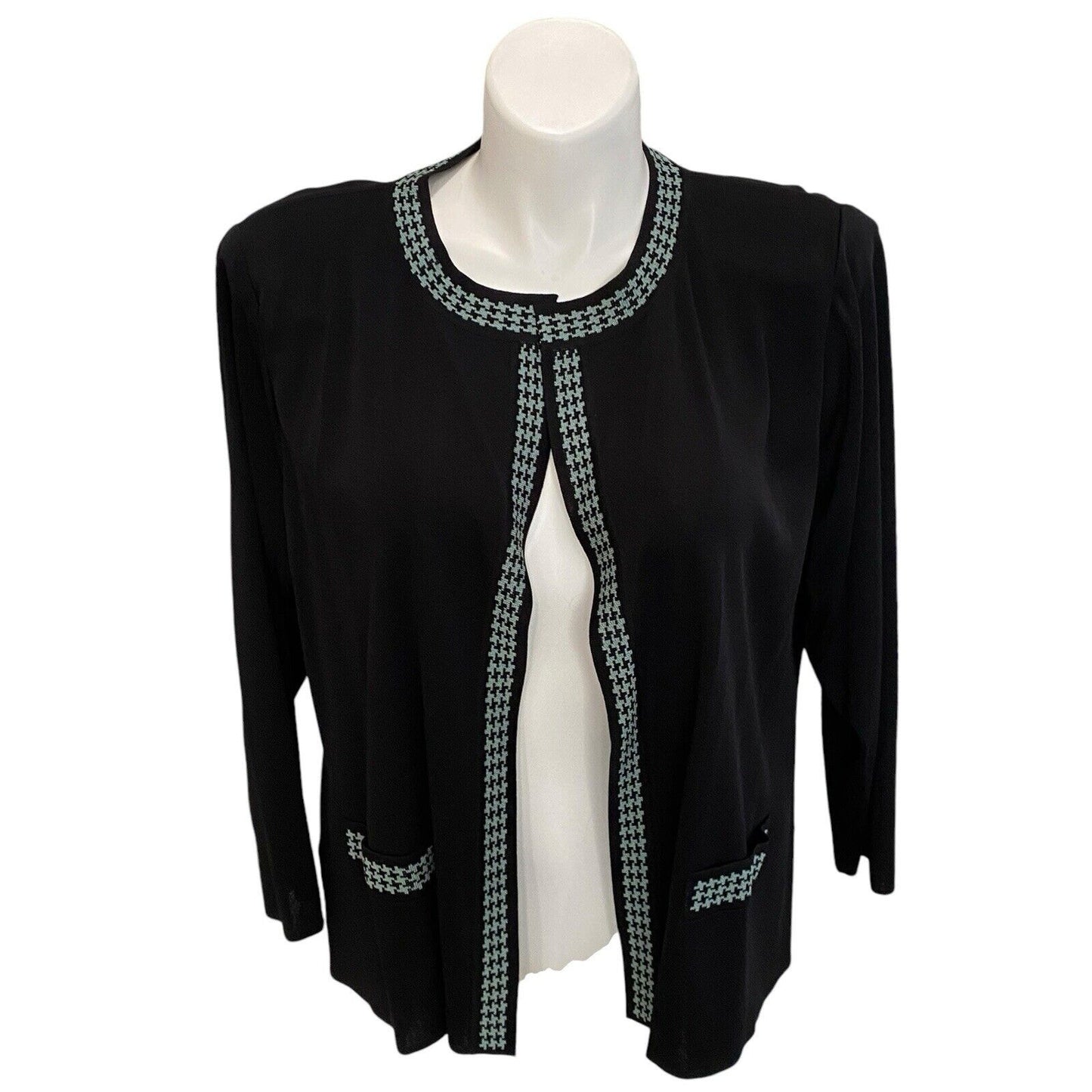 Exclusively Misook Black Open Front Cardigan Womens Herringbone Trim Petite Plus