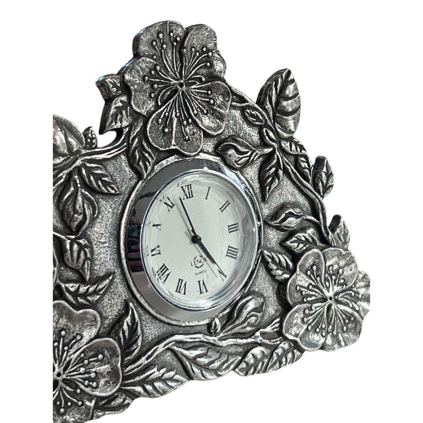 Vintage Lenox Kirk Stieff Pewter Quartz Clock Floral Poppy Desk Table Travel