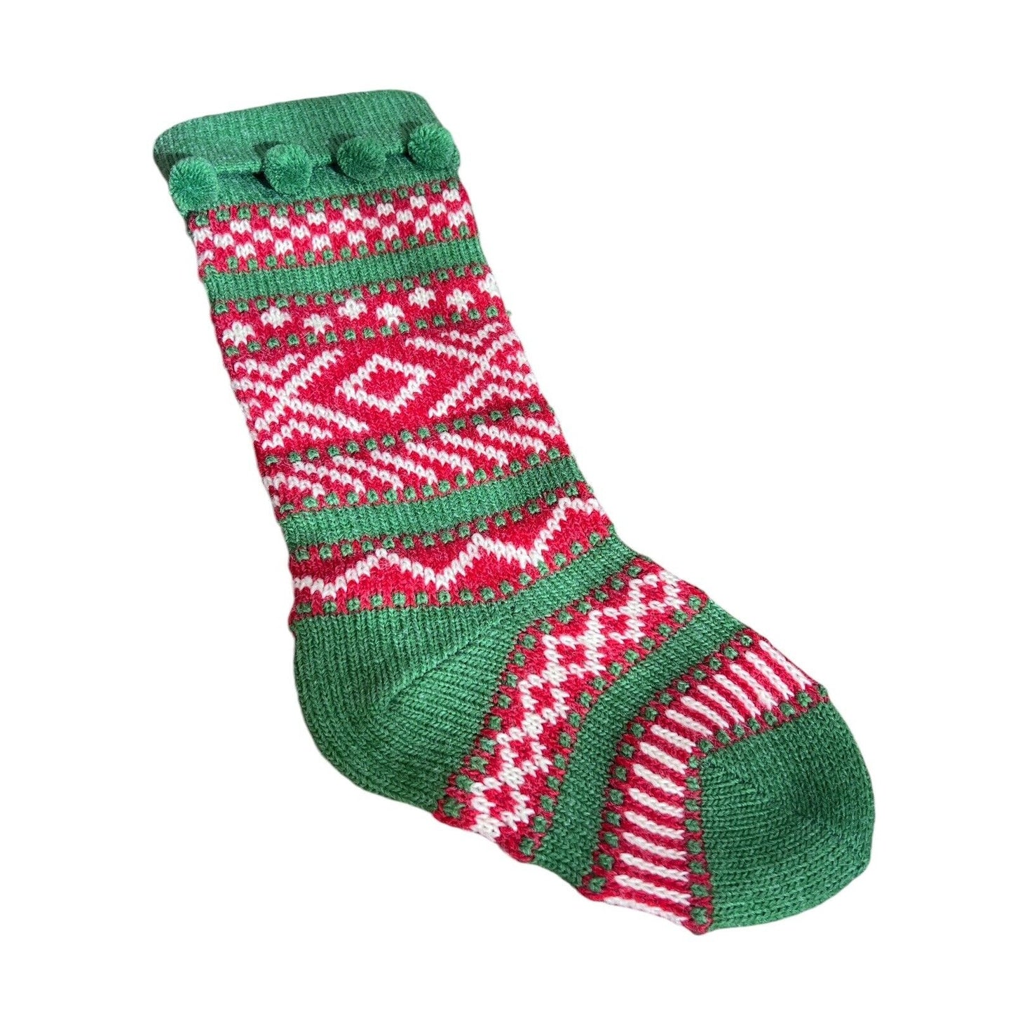 Vintage Nordic Christmas Stocking 19.5” Wool Knit Green Red Pom Poms EUC