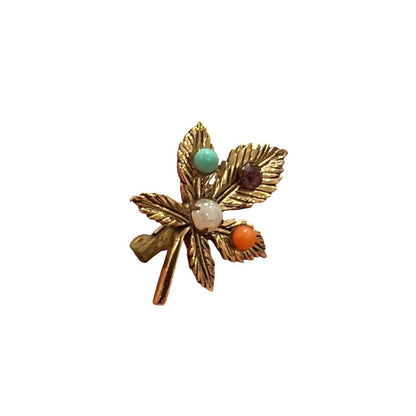 Vintage Gold Tone Leaf Faux Gemstone & Faux Pearl Pin Brooch