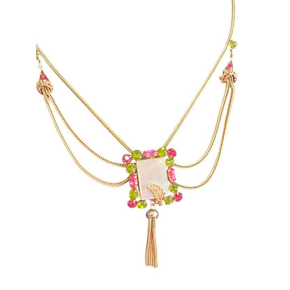 Art Deco Green Pink Rhinestone Festoon Swag Necklace Vintage Rectangle Leaf Acce
