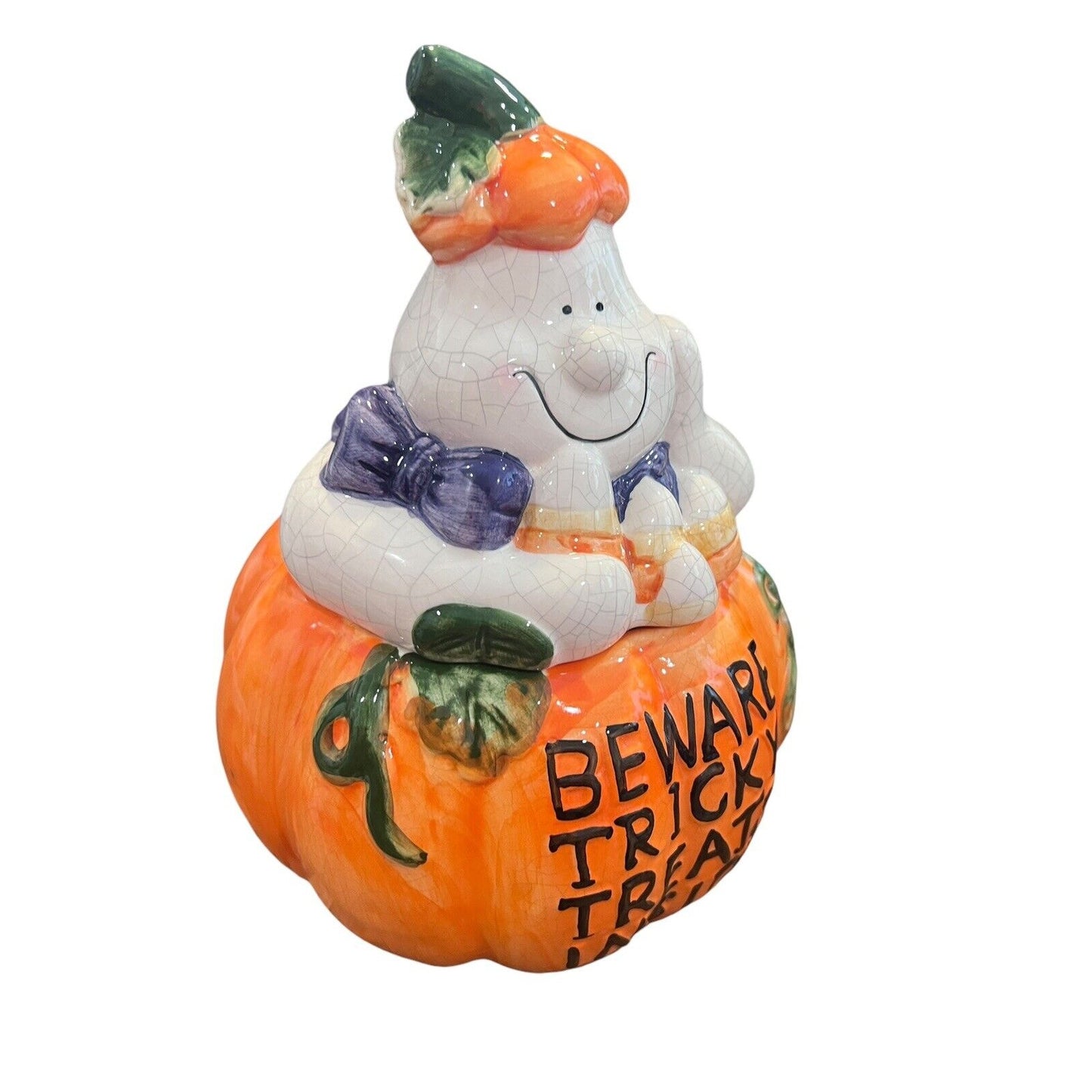 Ceramic Halloween Friendly Ghost Pumpkin Cookie Candy Jar Jack-o-lantern Pumpkin
