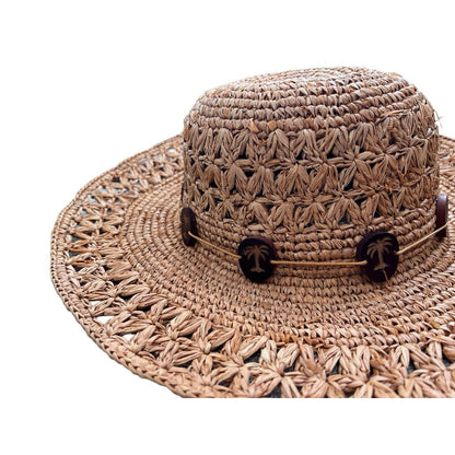 Women's Scala Crochet Straw Raffia 4" Brim Sun Floppy Hat Palmetto Tree Beads