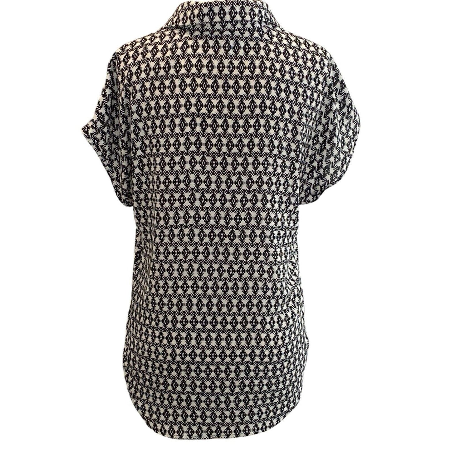 Small Pleione Women's Cap Sleeve Black White Button Up Blouse Slightly Sheer