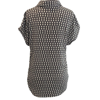 Small Pleione Women's Cap Sleeve Black White Button Up Blouse Slightly Sheer