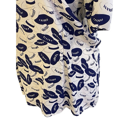 Size 12 Womens 100% Silk Blue Hat Print Fun Pullover Blouse Travel Wear Malouf’s