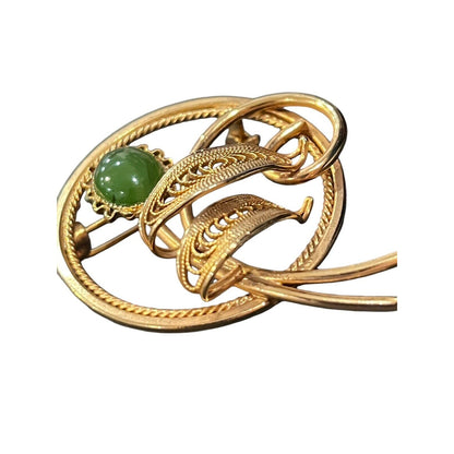Vintage Nephrite Jade Cabochons Round Brooch Pin Gold Tone Filigree Flower