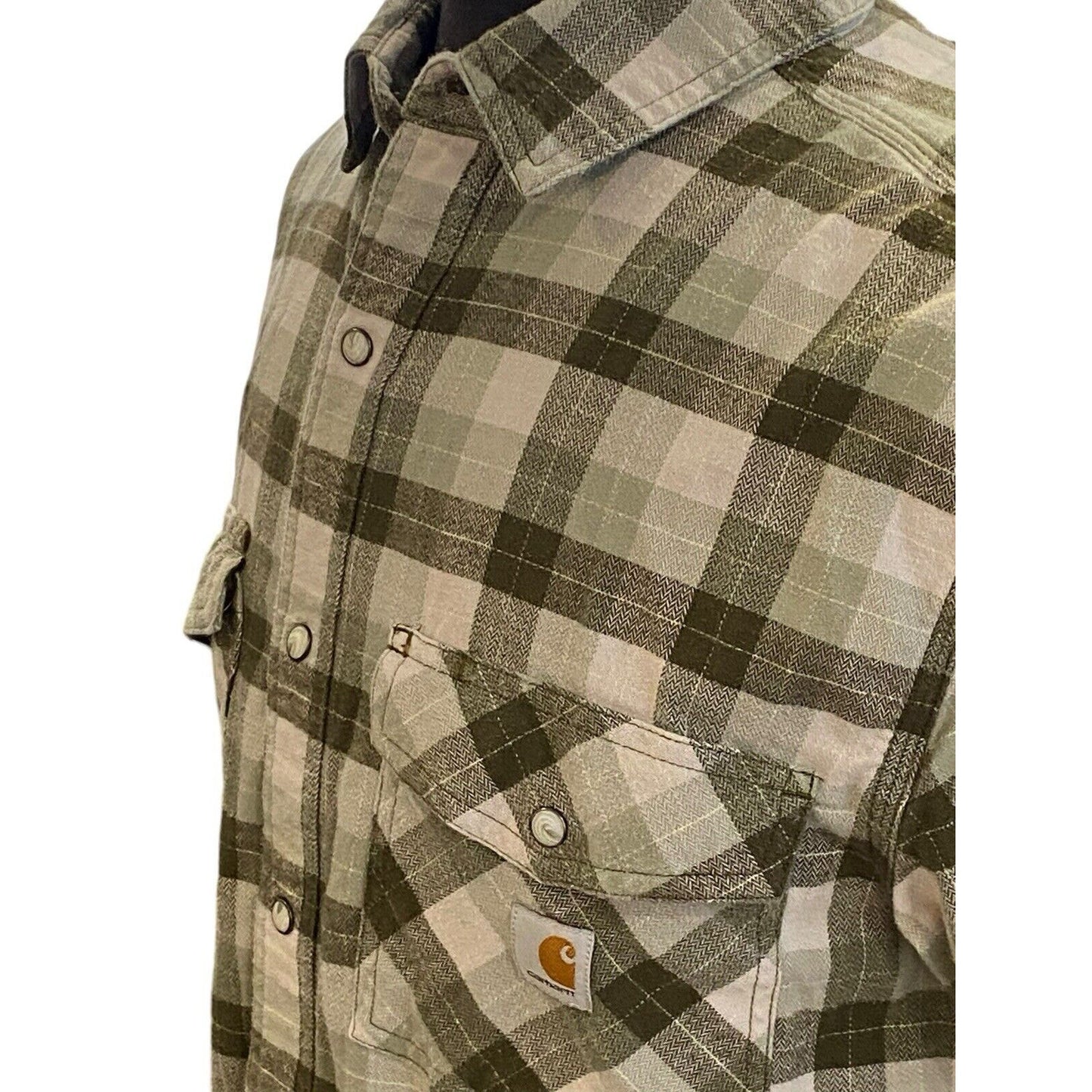 Size Medium Carhartt Flannel Shirt Mens Green Tan Plaid Rugged Flex Pearl Snap