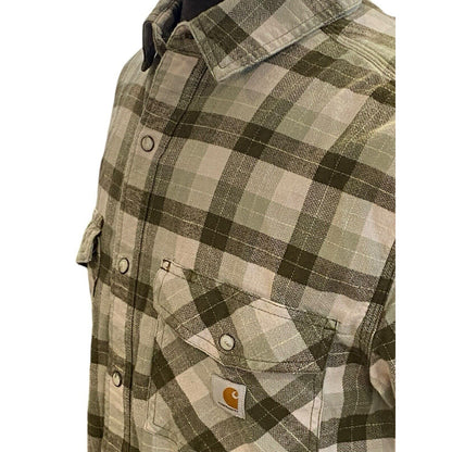 Size Medium Carhartt Flannel Shirt Mens Green Tan Plaid Rugged Flex Pearl Snap