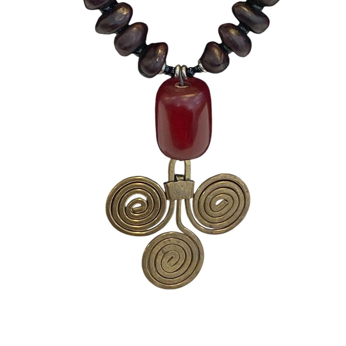 Brass Amber Color Pendant Necklace Handmade Africa Beaded 20”