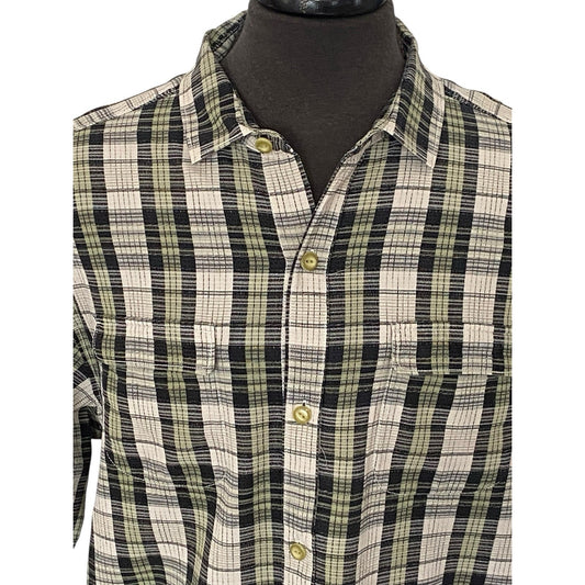 Large Tommy Bahama Button Up Shirt Mens Silk Short Sleeve Plaid Green Black Gray
