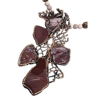 Artsy One Of A Kind Agate Geode Amber Bead Necklace Handmade Copper 24”