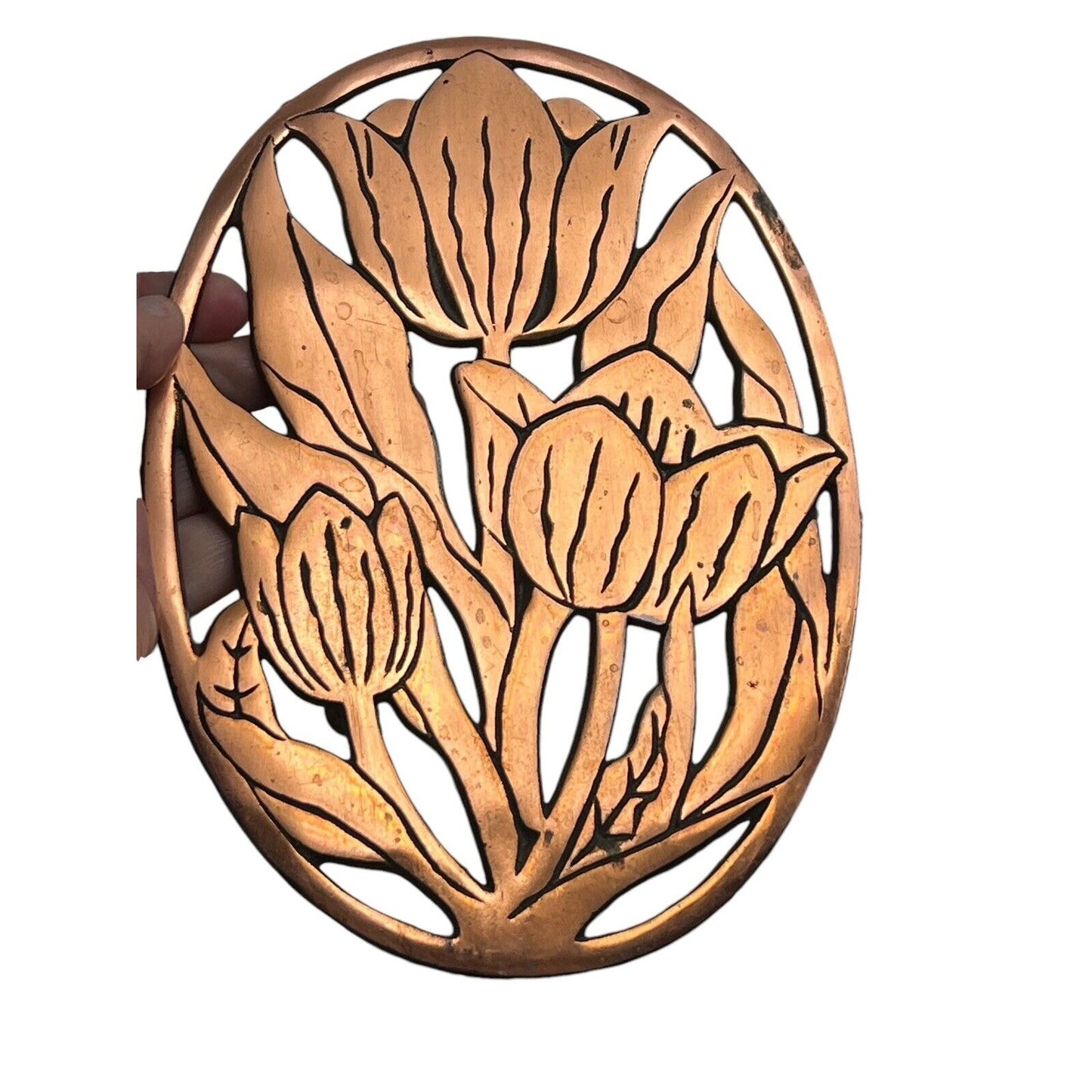 Vintage Cast Iron Copper Plated Trivet Wall Hanging Tulip Design Oval 1982