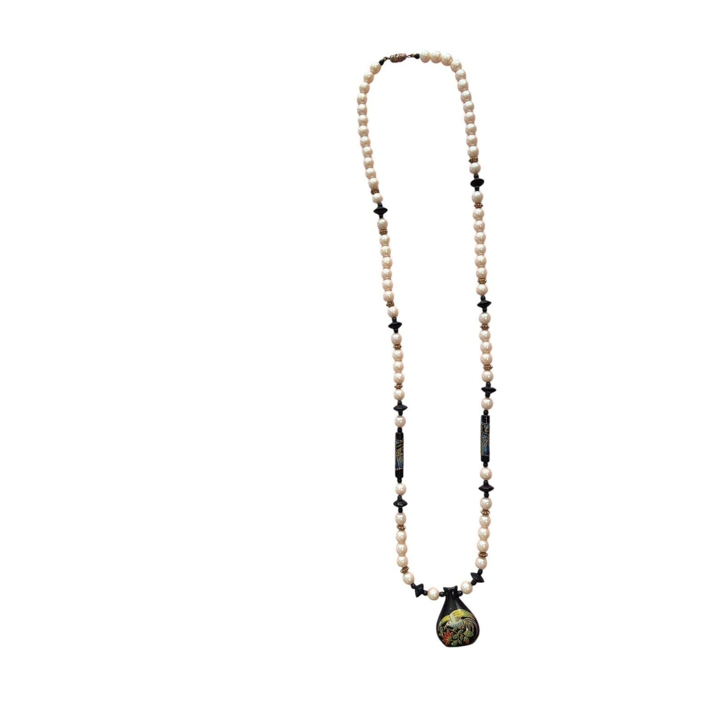 Faux Pearl Beads Black Painted Bird Floral Wood Pendant Strand Necklace Asian 29