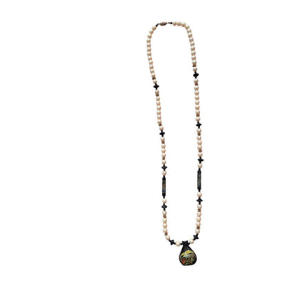 Faux Pearl Beads Black Painted Bird Floral Wood Pendant Strand Necklace Asian 29