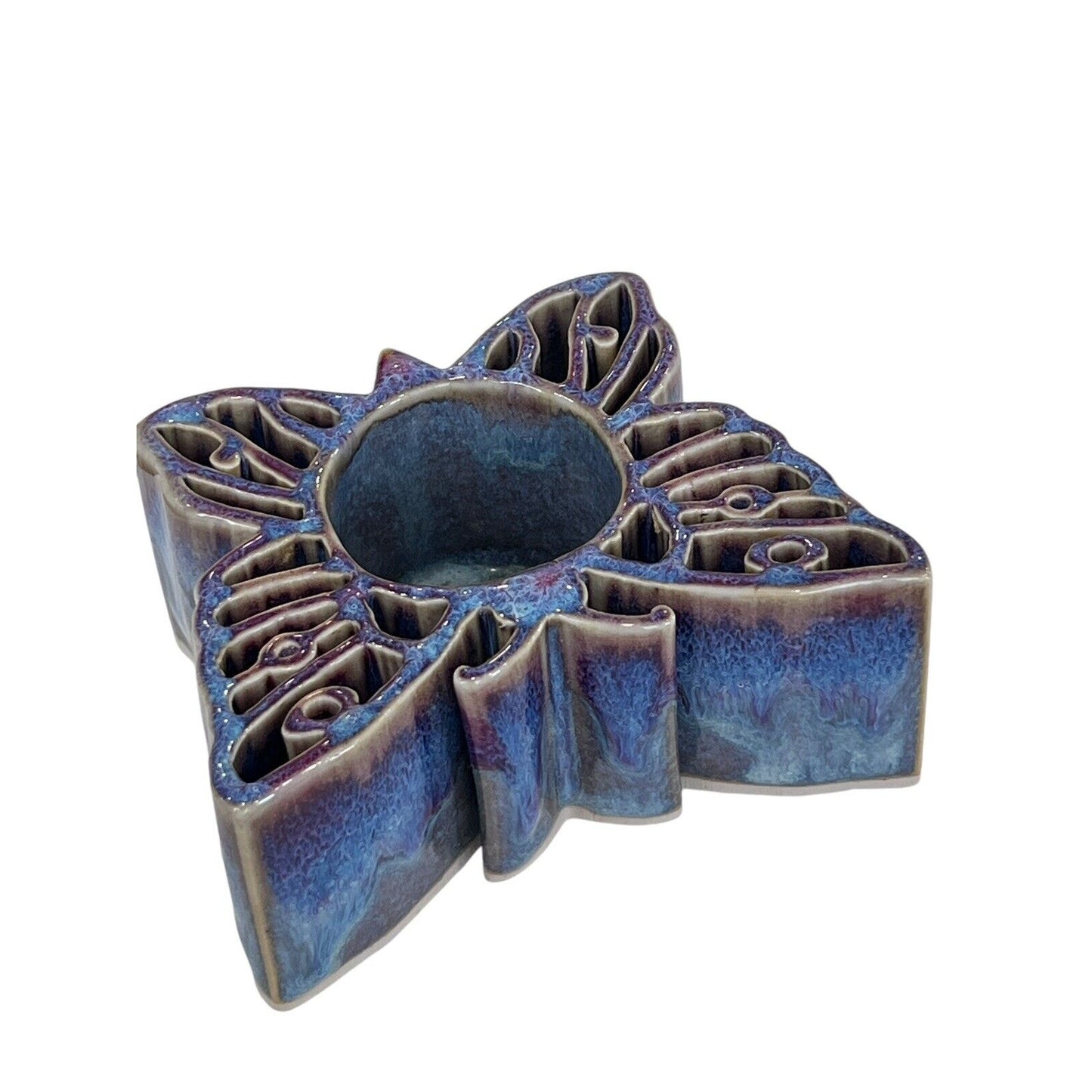 Bay Pottery Votive Butterfly Candle Holder Glazed Blue Purple USA Tea light