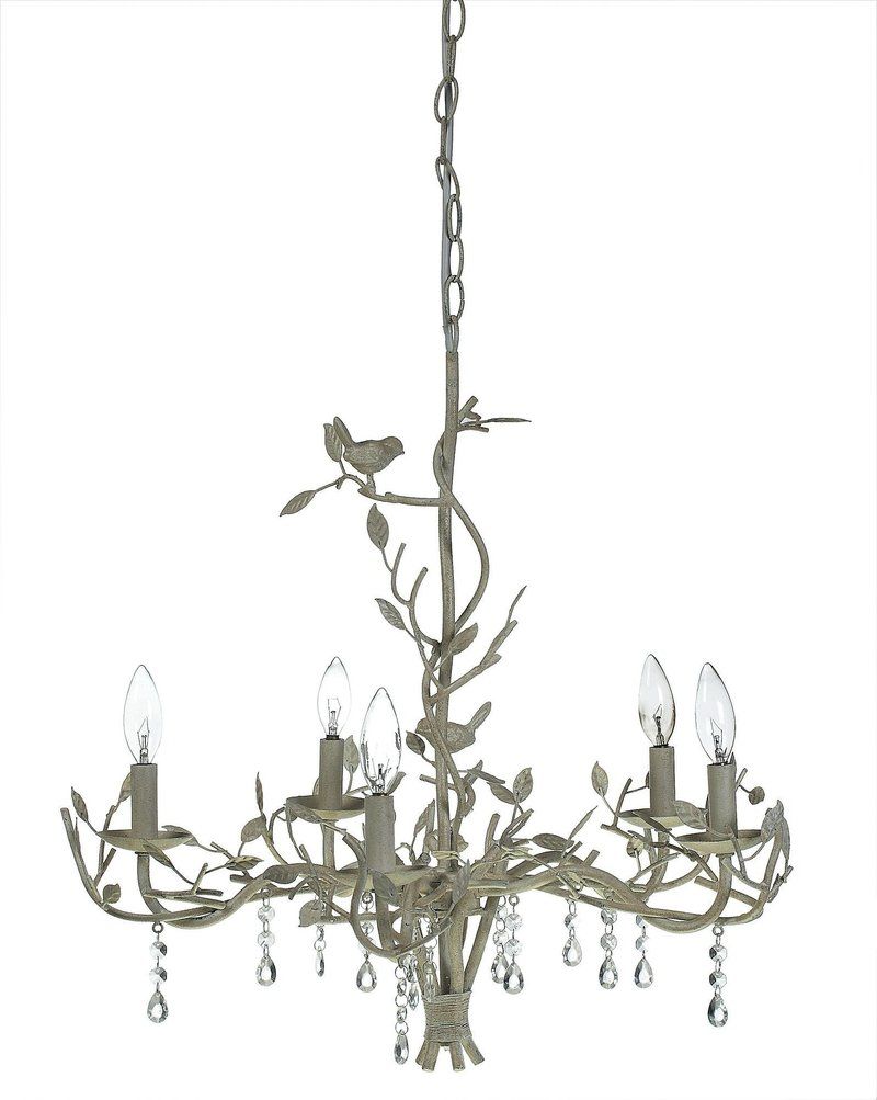 Metal Bird Chandelier Decorative Metal Distressed Ivory 5 Light Hardwired